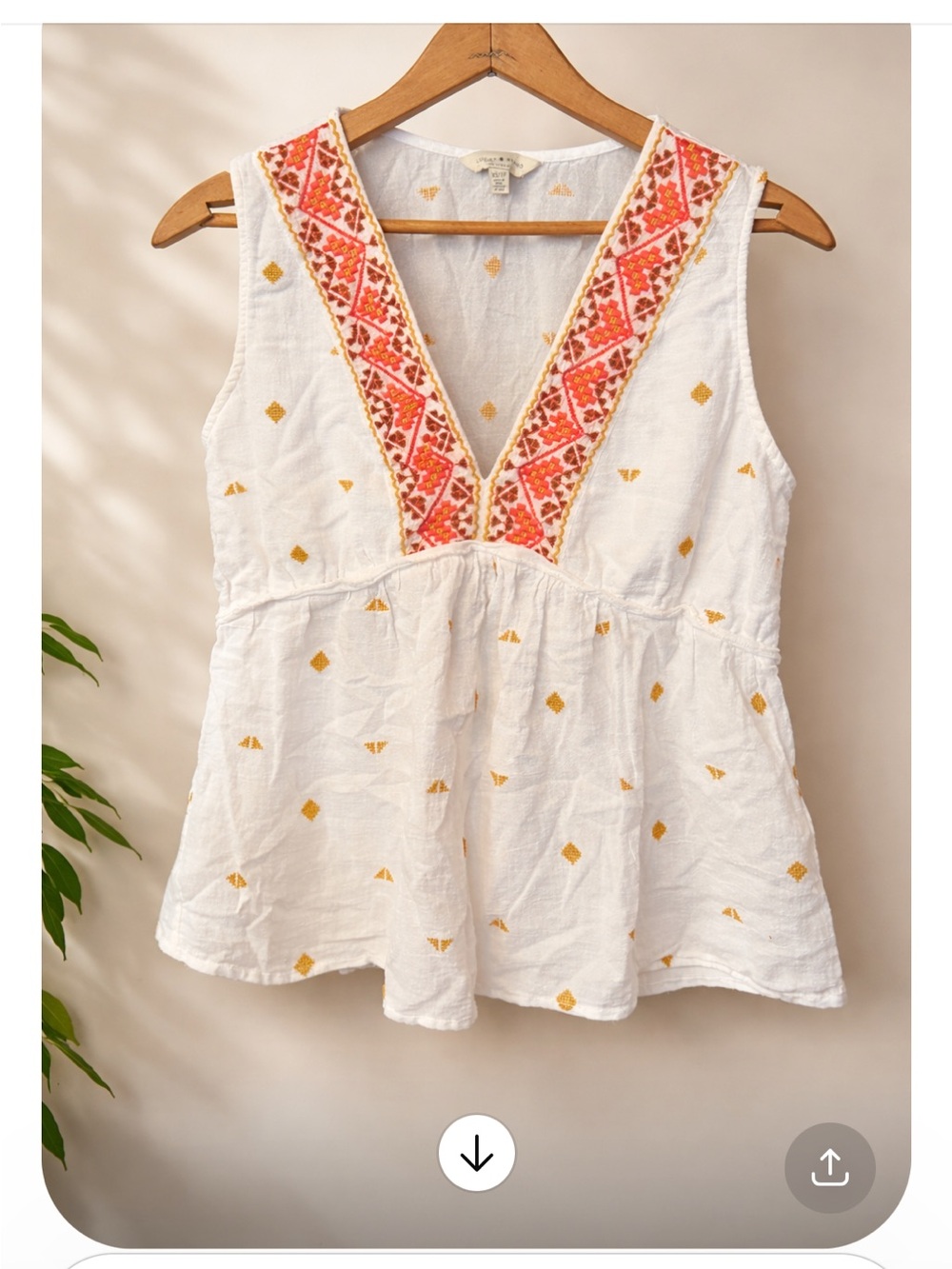 Lucky Brand White Sleeveless V-Neck Peplum Top with Coral Embroidered Trim